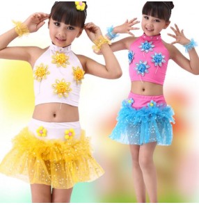 Turquoise fuchsia yellow patchwork sequined girls kids child children toddlers jazz modern dance performance school play costumes outfits